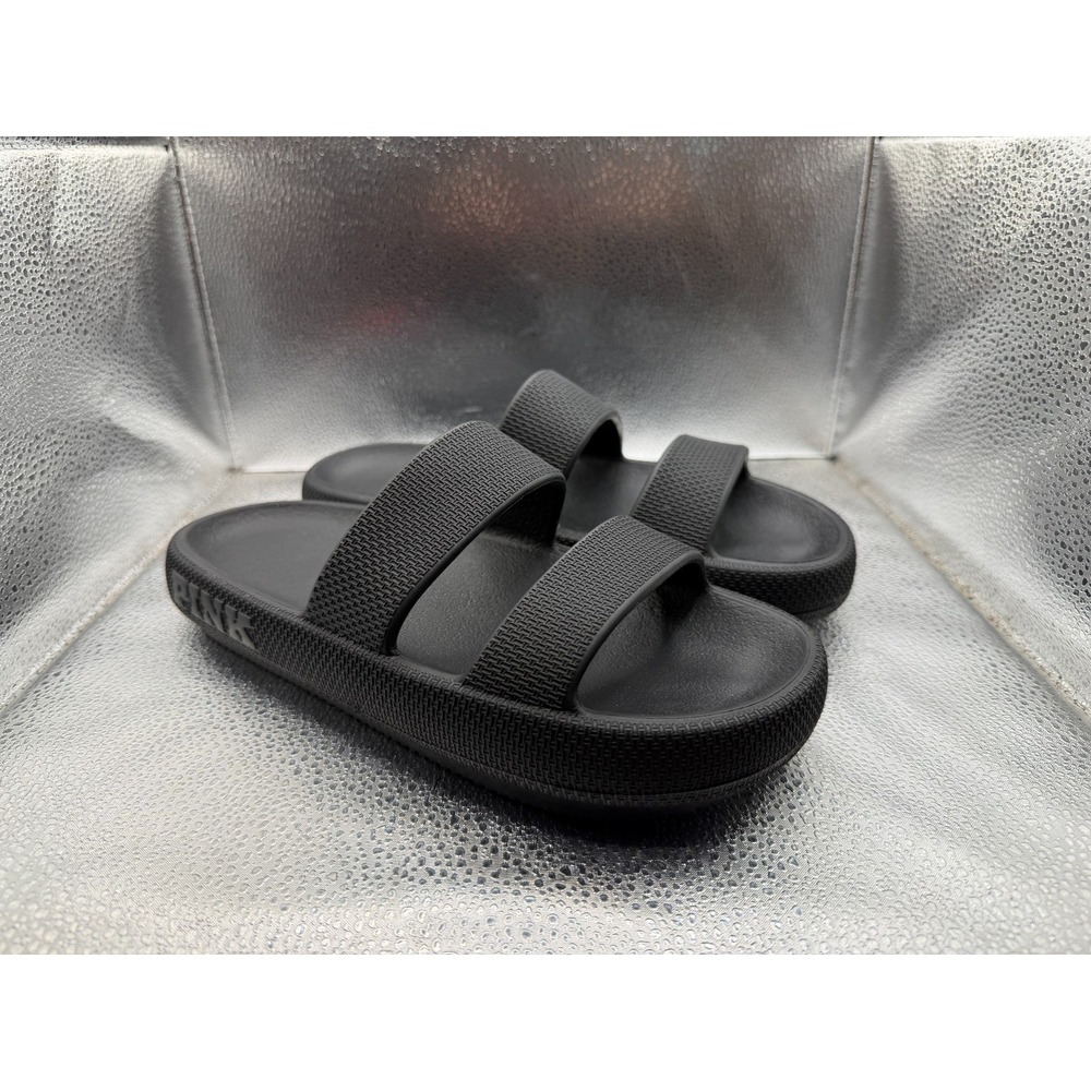 Size M 7/8 Victoria's Secret PINK Pure Black Double Strap Pillow Slide Sandals